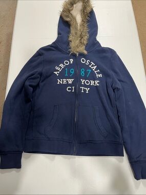 Aeropostale 1987 NYC Hoodie Women's Size Large Blue Zip Up Faux Fur Hood Trim